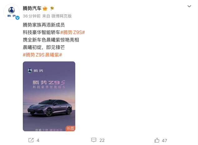 腾势全新纯电轿车Z9S官宣亮相!推高低双功率版本,新增晨曦紫配色